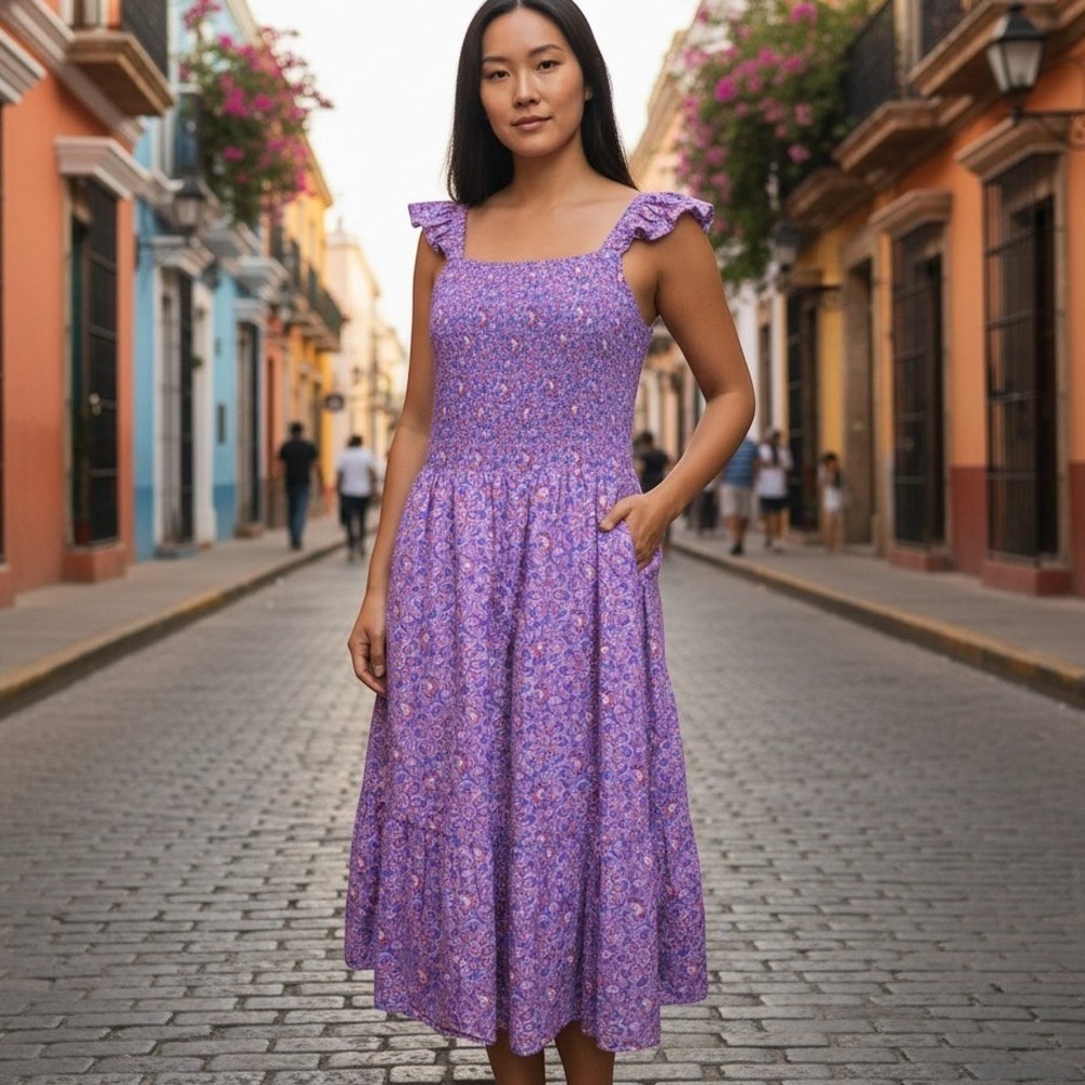 Vineyard Vines Katama Smocked Midi Dress XL 100% Cotton Tiered Lined